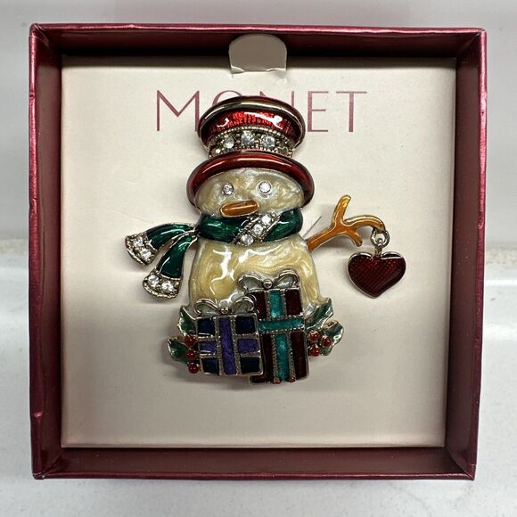MONET Snowman Brooch Jewelry Stocking Stuffer Gift Lapel Pin - Picture 1 of 11